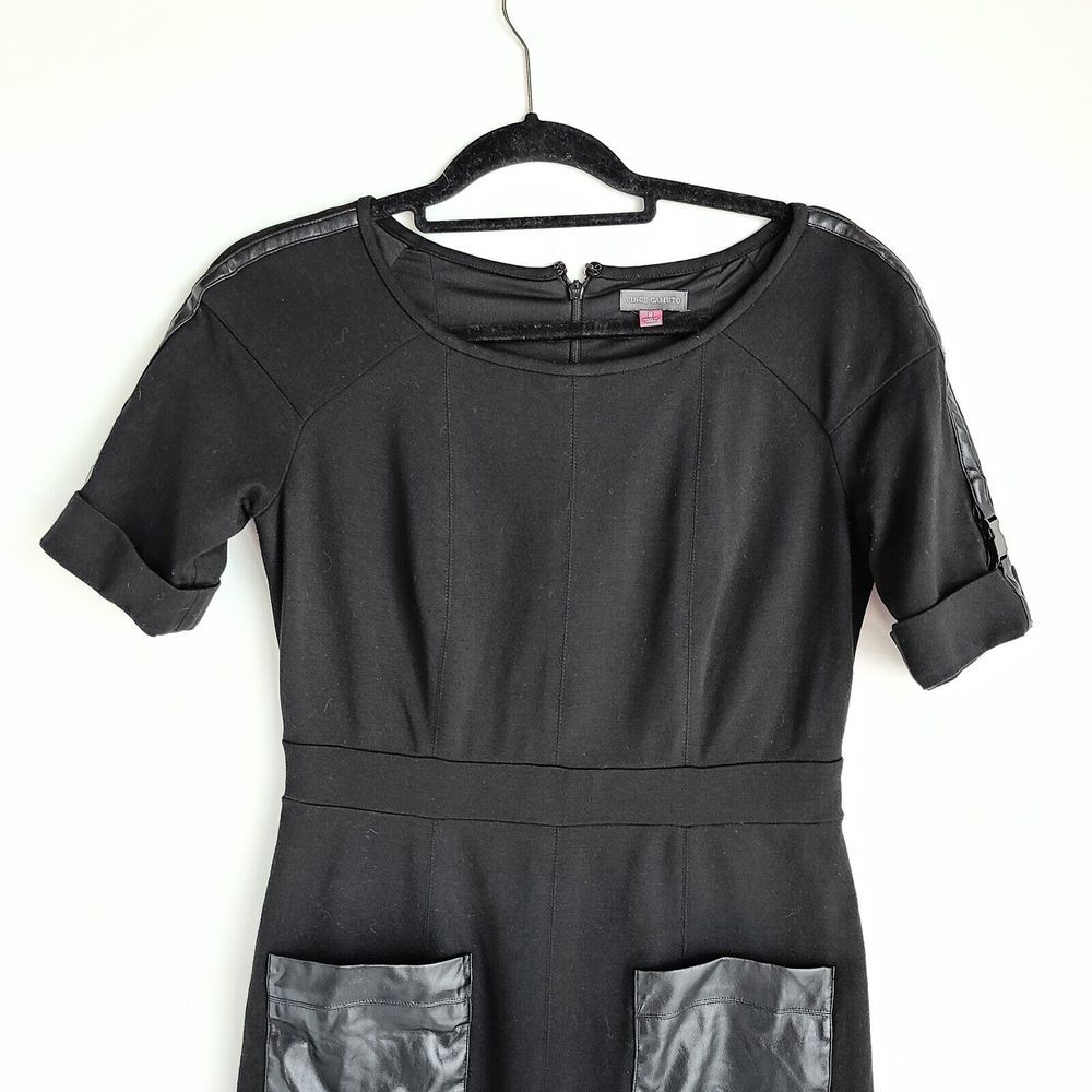 Vince Cameo Short Sleeve Faux Leather Pocket Sheath Dress Womens 8 Black - Picture 2 of 6